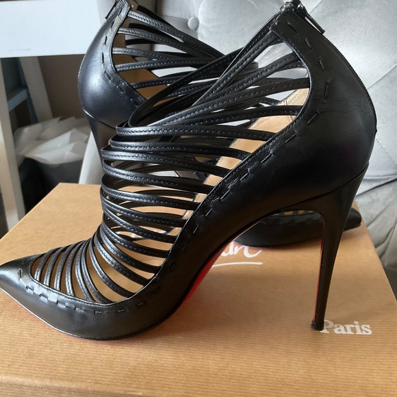 Christian Louboutin Black Leather Gortik 100 Booties Size 39.5 Caged Pump Kid - Picture 9 of 15